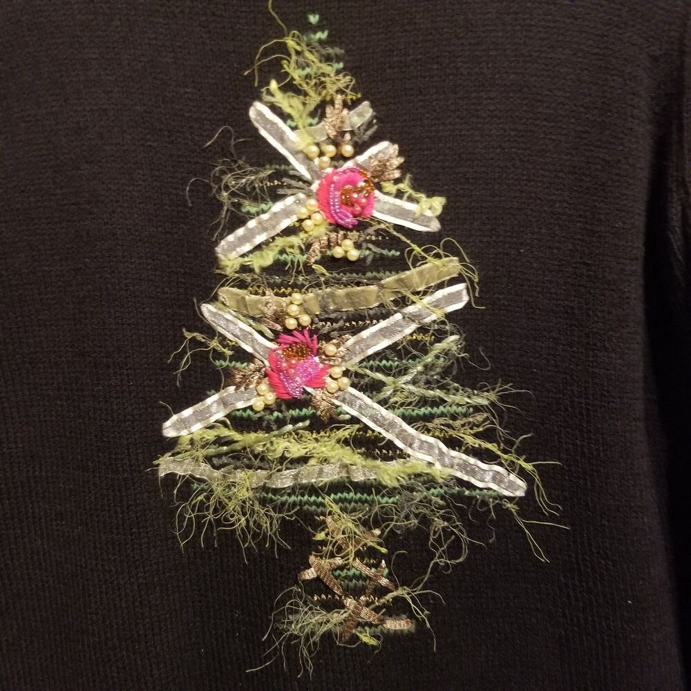 Talbots S Sweater Black Green Cotton Blend Holiday Christmas Tree Vintage - Picture 2 of 10